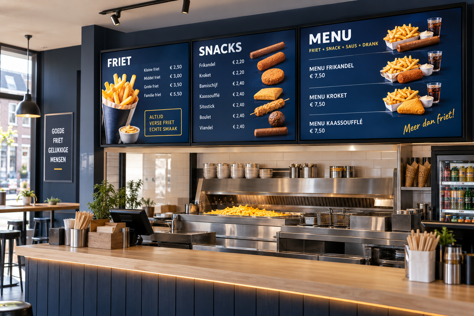 Illustration of three digital menu screens above the counter in a Belgian chip shop